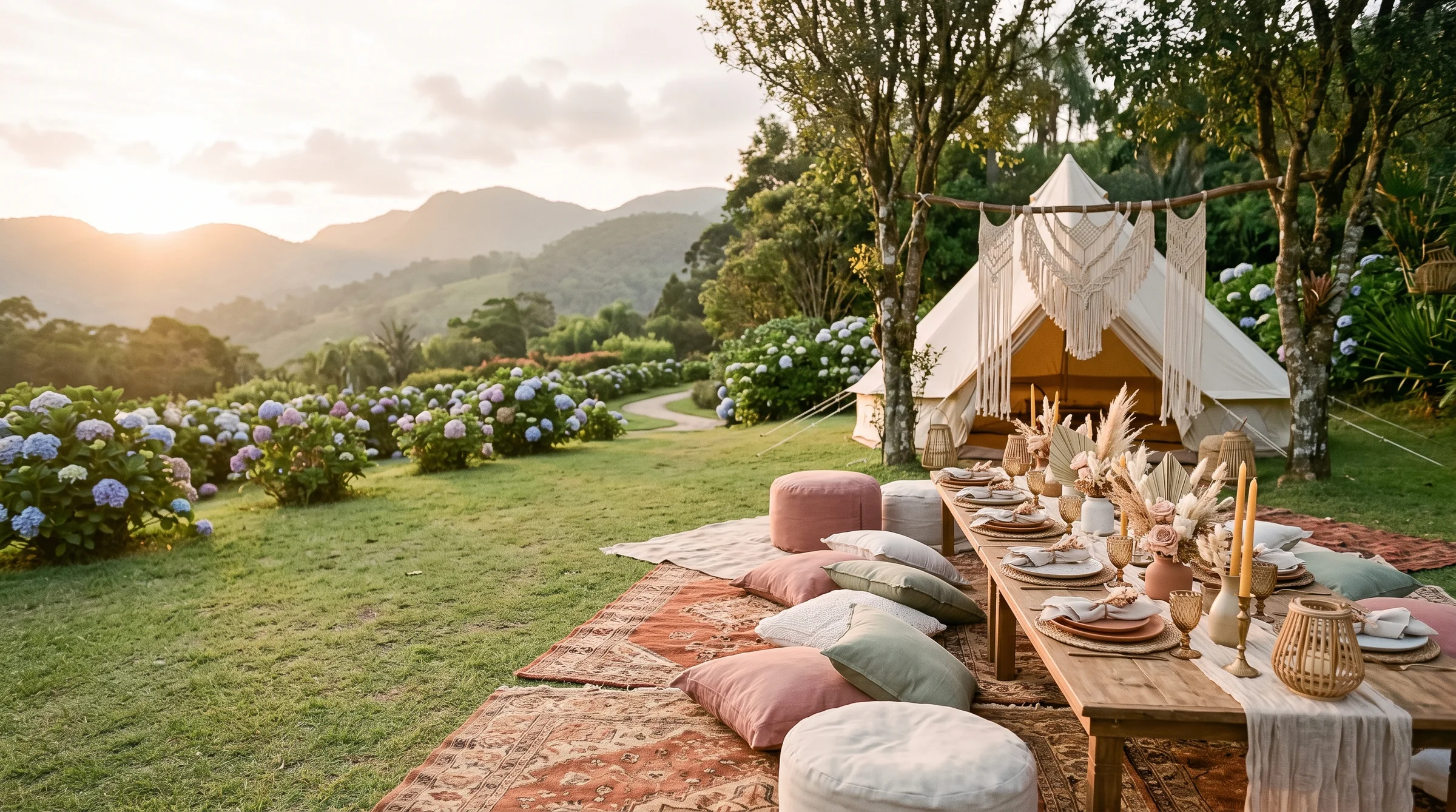 Mesa baixa de piquenique sobre tapetes, almofadas, cerâmicas e capim-dos-pampas num jardim de hortênsias ao entardecer